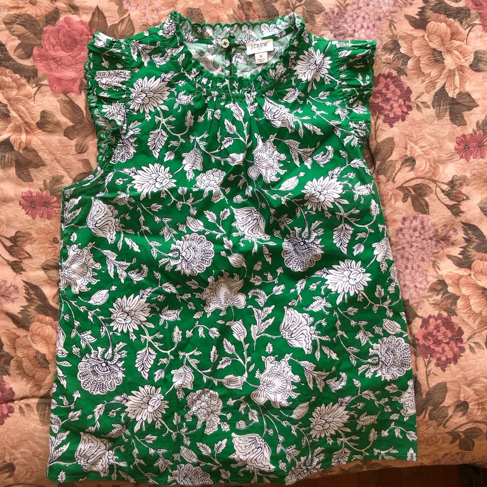 J. Crew Green Floral Ruffle-Sleeve Blouse